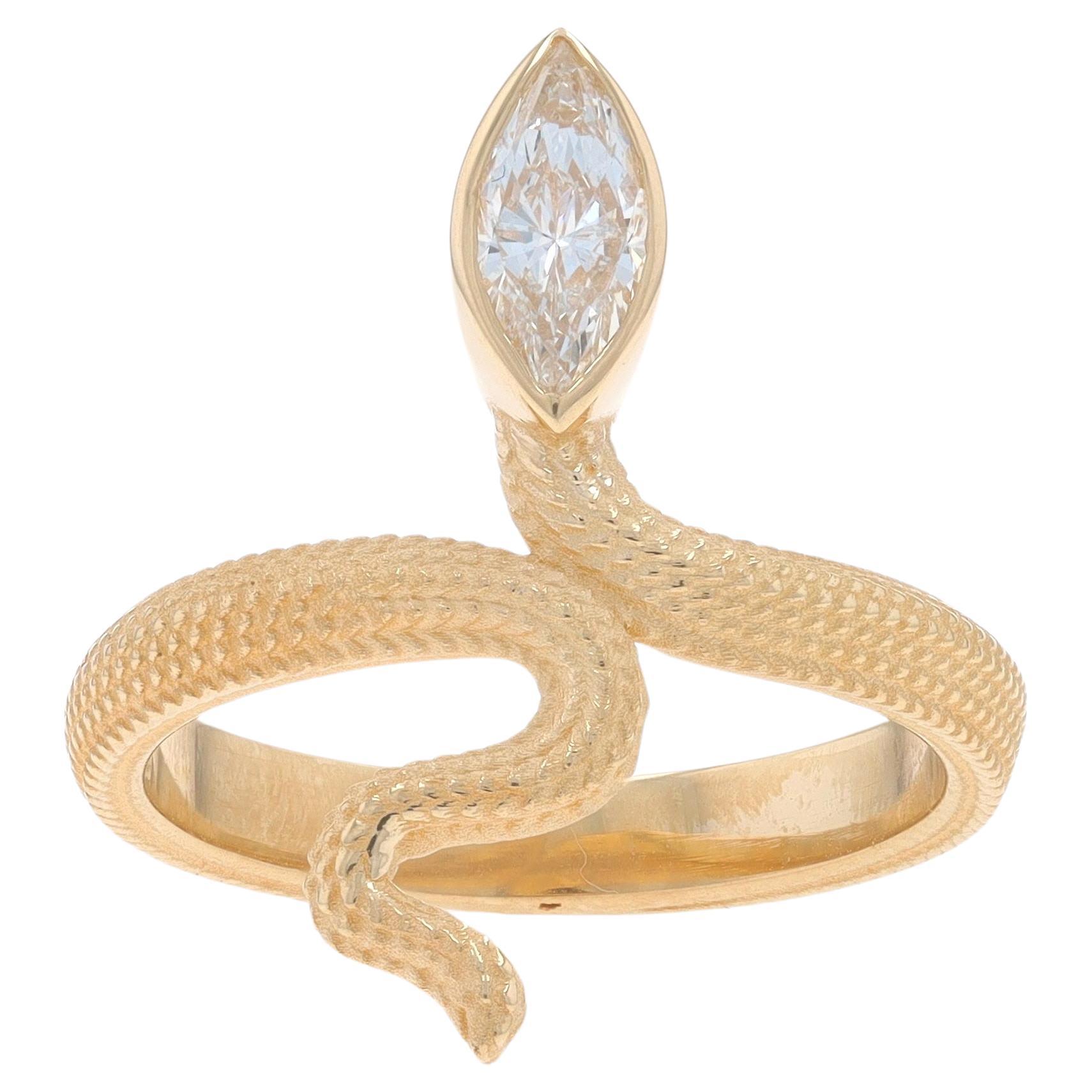 Yellow Gold Diamond Serpent Solitaire Bypass Ring - 14k Marquise .47ct GIA Snake For Sale