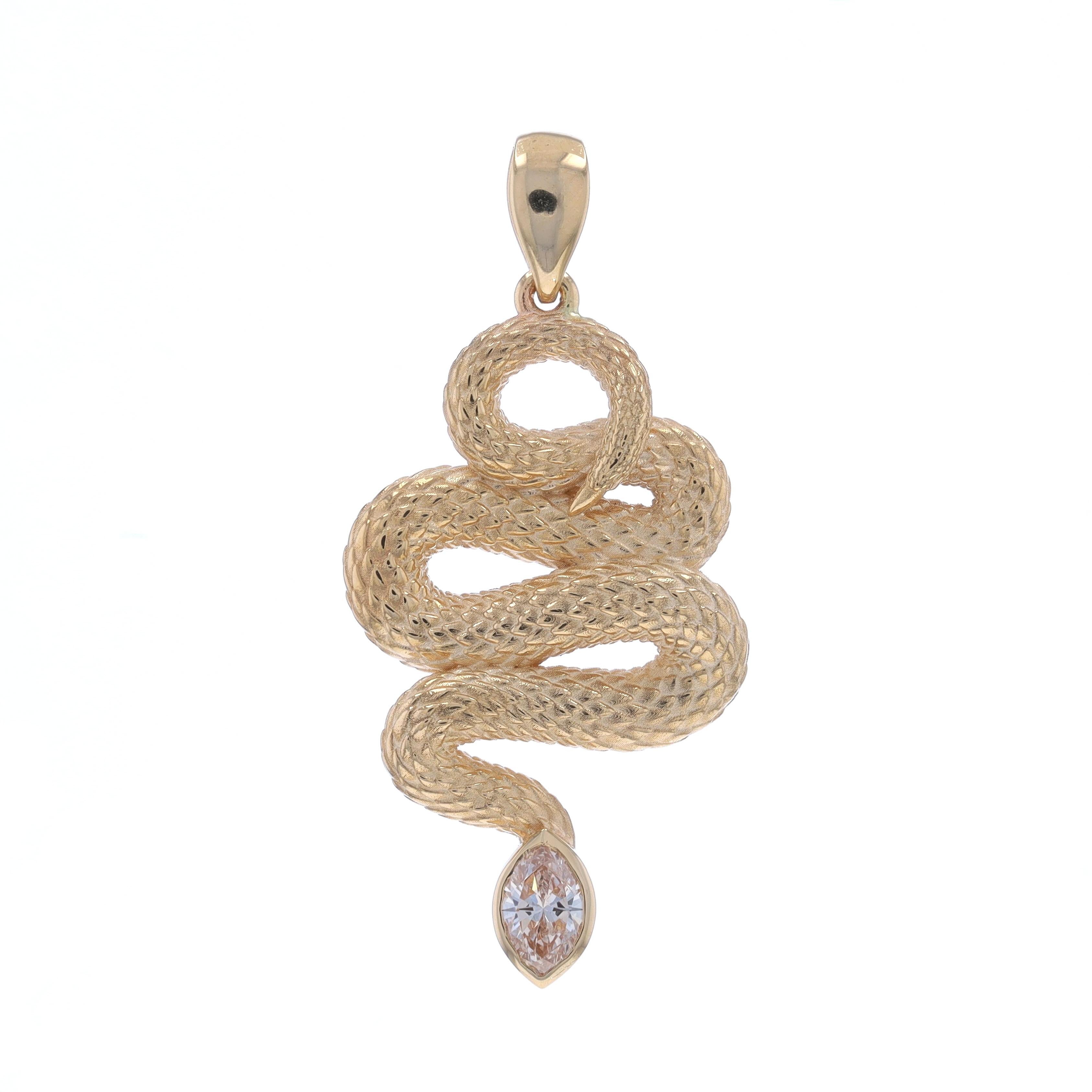 Metal Content: 14k Yellow Gold

Stone Information

Natural Diamond
Carat(s): .70ct
Cut: Marquise
Color: K
Clarity: SI2

Total Carats: .70ct

Style: Solitaire
Theme: Serpent, Snake
Features: Textured Detailing

Measurements

Tall (from stationary