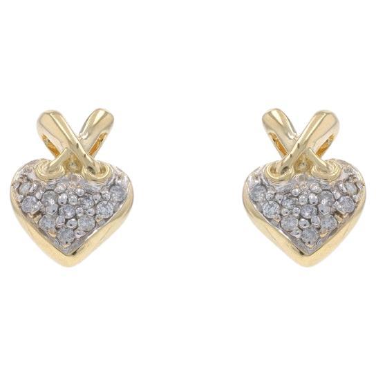 Yellow Gold Diamond Sewn Heart Stud Earrings - 10k Round .18ctw Love Pierced For Sale