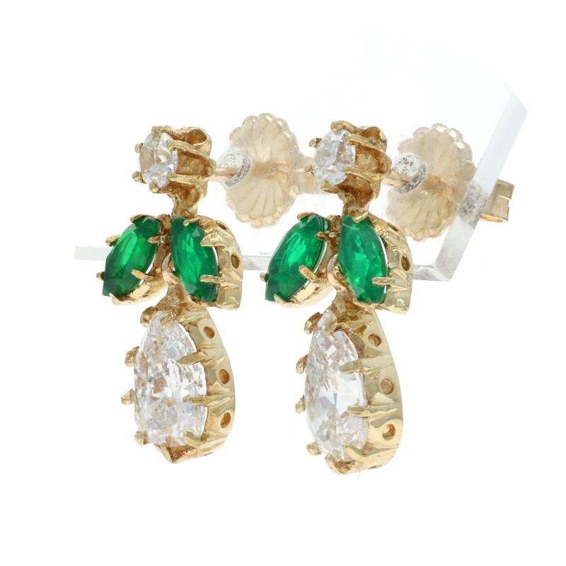 Yellow Gold Diamond & Simulated Emerald Dangle Earrings - 18k Pear 2.93ctw GIA In Excellent Condition For Sale In Greensboro, NC
