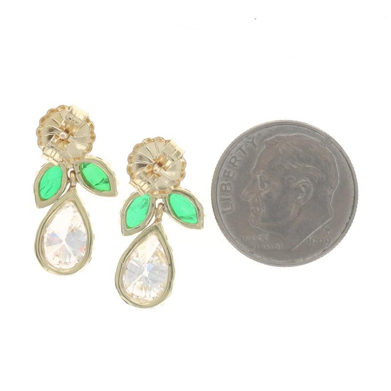 Women's Yellow Gold Diamond & Simulated Emerald Dangle Earrings - 18k Pear 2.93ctw GIA For Sale