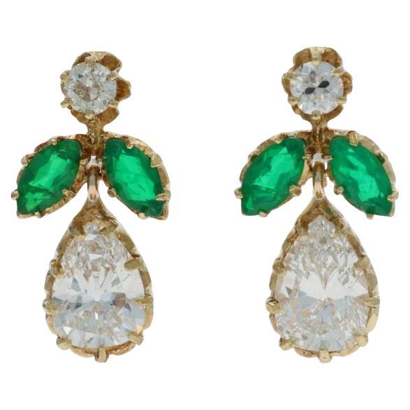 Yellow Gold Diamond & Simulated Emerald Dangle Earrings - 18k Pear 2.93ctw GIA For Sale