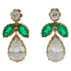 Yellow Gold Diamond & Simulated Emerald Dangle Earrings - 18k Pear 2.93ctw GIA