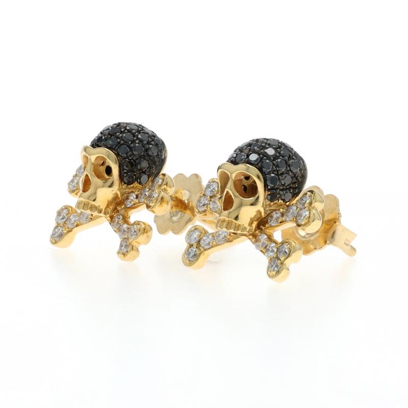 Round Cut Yellow Gold Diamond Skull and Crossbones Stud Earrings 18k Round .65ctw Pierced For Sale