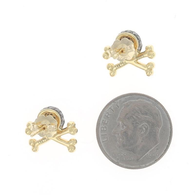 Women's Yellow Gold Diamond Skull and Crossbones Stud Earrings 18k Round .65ctw Pierced For Sale