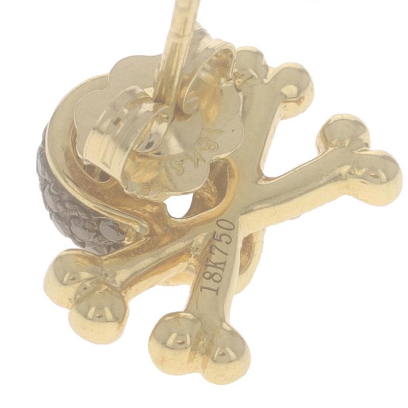 Yellow Gold Diamond Skull and Crossbones Stud Earrings 18k Round .65ctw Pierced For Sale 1