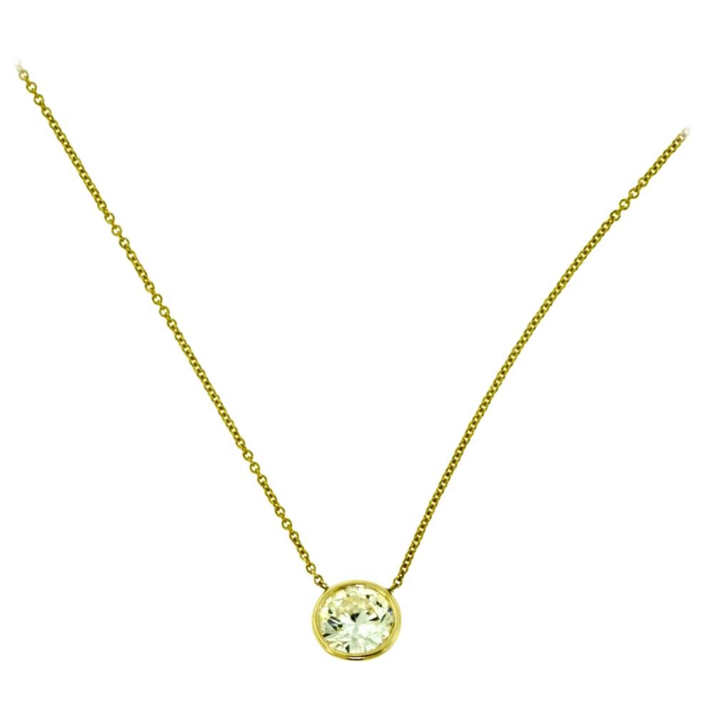 Yellow Gold Diamond Solitaire Bezel Pendant Necklace For Sale