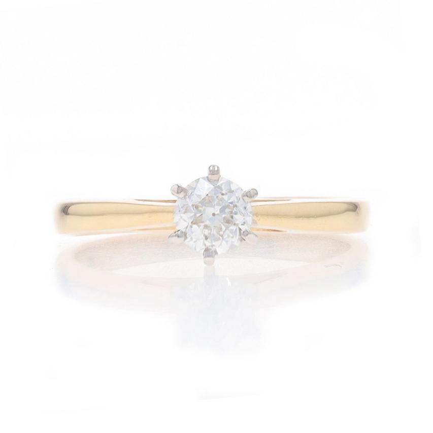 Size: 6
Sizing Fee: Up 3 sizes for $40 or Down 1 1/2 sizes for $30

Metal Content: 14k Yellow Gold & 14k White Gold

Stone Information

Natural Diamond
Carat(s): .40ct
Cut: European
Color: H
Clarity: VS1

Total Carats: .40ct

Style: