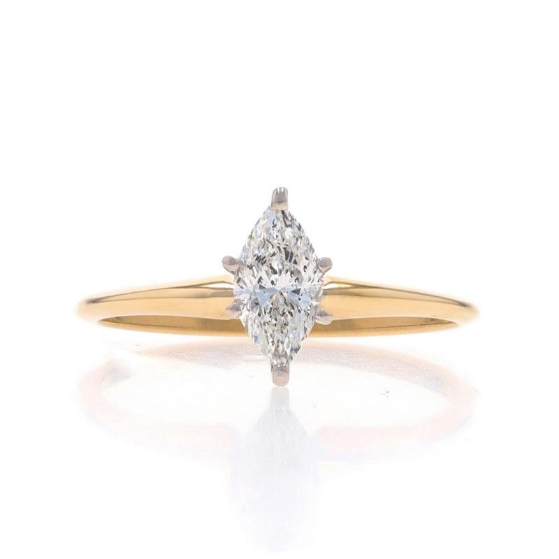 Size: 6 1/4
Sizing Fee: Up 3 sizes for $35 or Down 3 sizes for $25

Metal Content: 14k Yellow Gold & 14k White Gold

Stone Information

Natural Diamond
Carat(s): .50ct
Cut: Marquise
Color: G
Clarity: I1

Total Carats: .50ct

Style: