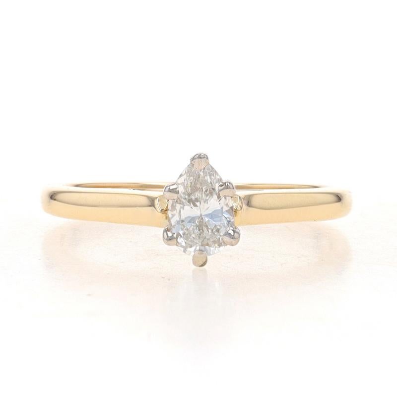 Size: 5 1/2
Sizing Fee: Up 3 sizes for $35 or Down 3 sizes for $30

Metal Content: 14k Yellow Gold & 14k White Gold

Stone Information

Natural Diamond
Carat(s): .35ctw
Cut: Pear
Color: G
Clarity: VS2

Total Carats: .35ct

Style: Solitaire
Features: