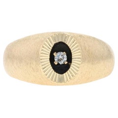 Yellow Gold Diamond Solitaire Men's Ring - 10k Round Brilliant Brushed & Etched