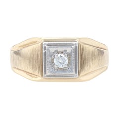 Yellow Gold Diamond Solitaire Men's Ring, 10k Round Brilliant Cut .16ct Brushed