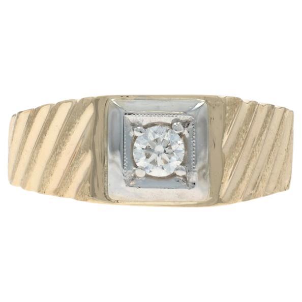 Gelbgold Diamant Solitär Herrenring - 14k Rund .27ct Diagonale Streifen