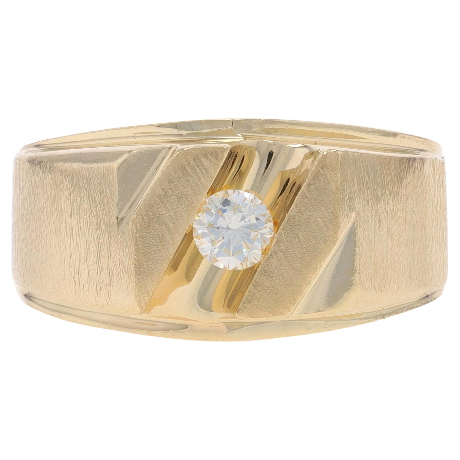 Yellow Gold Diamond Solitaire Men's Ring - 14k Round Brilliant .25ct Brushed