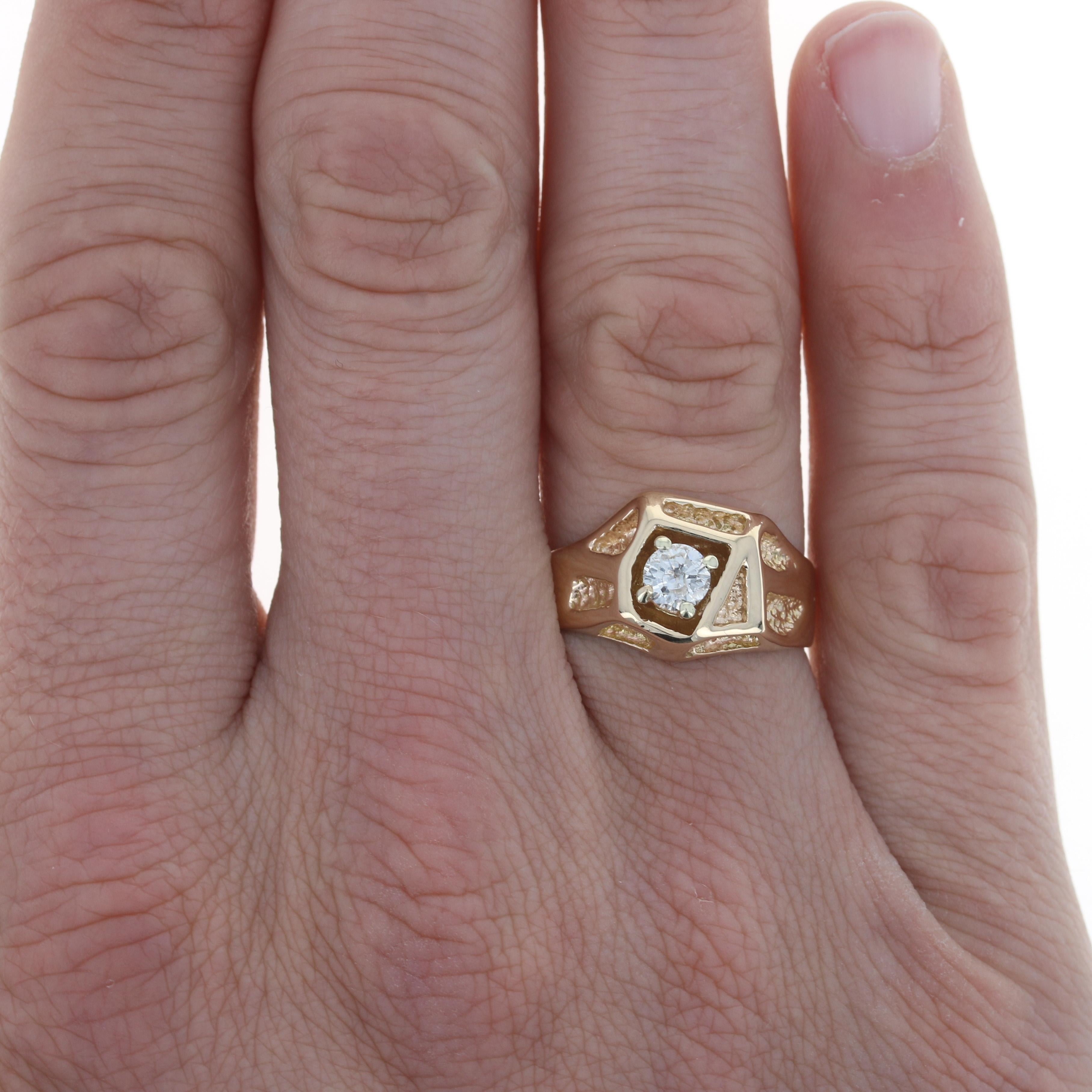 Yellow Gold Diamond Solitaire Men's Ring, 14k Round Cut .46ct Nugget-Inspired 2