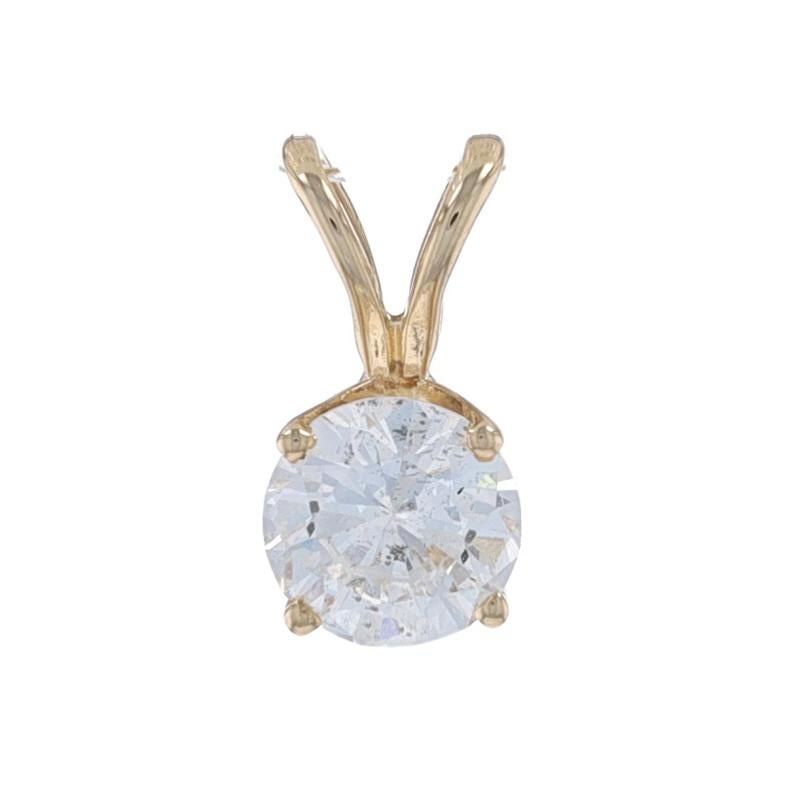 Metal Content: 14k Yellow Gold

Stone Information
Natural Diamond
Carat(s): .50ct
Cut: Round Brilliant
Color: G
Clarity: SI2

Total Carats: .50ct

Style: Solitaire

Measurements
Tall (from stationary bail): 3/8