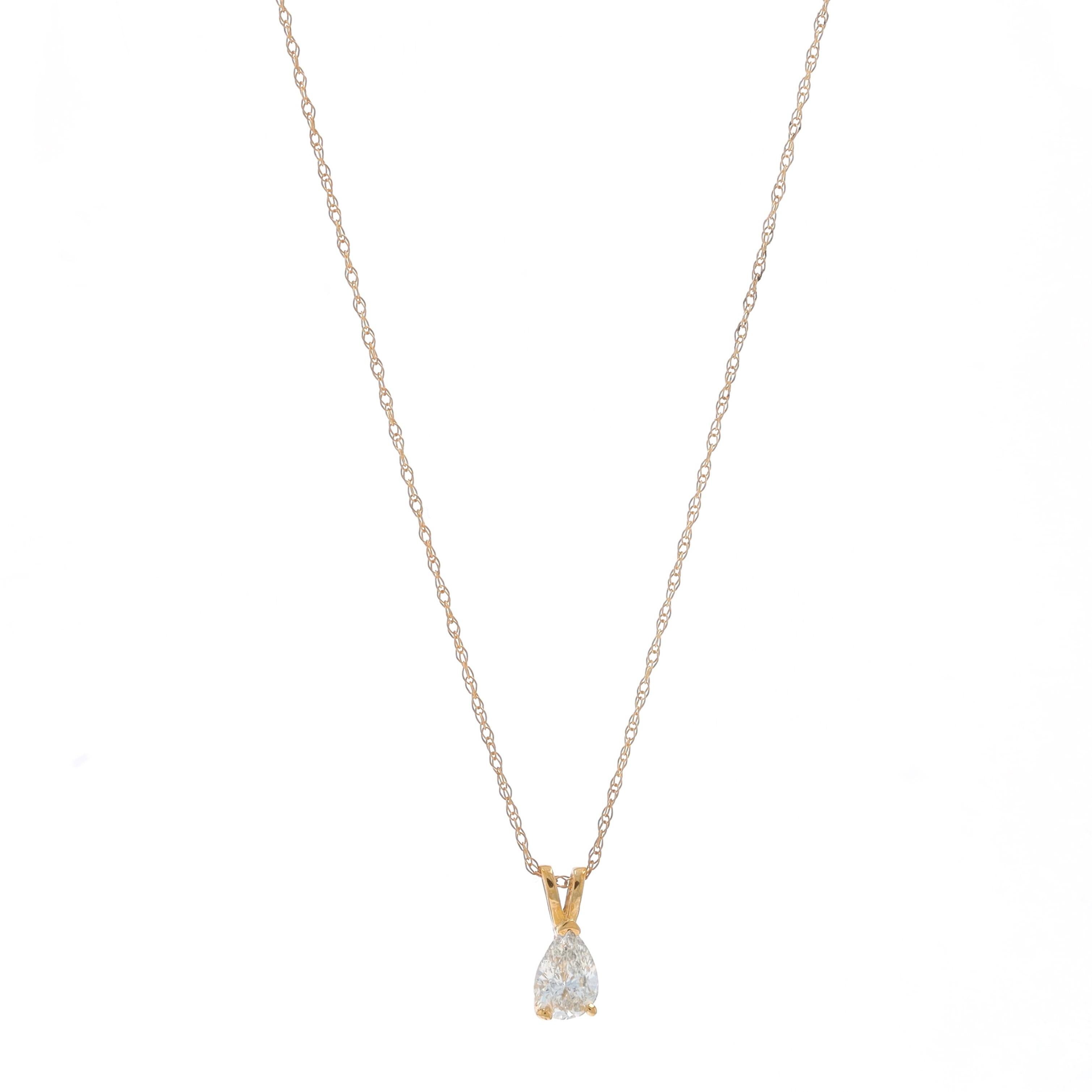 Metal Content: 14k Yellow Gold

Stone Information
Natural Diamond
Carat(s): .60ct
Cut: Pear
Color: K
Clarity: I1 (eyeclean)

Total Carats: .60ct

Style: Solitaire
Chain Style: Prince of Wales
Necklace Style: Chain
Fastening Type: Spring Ring