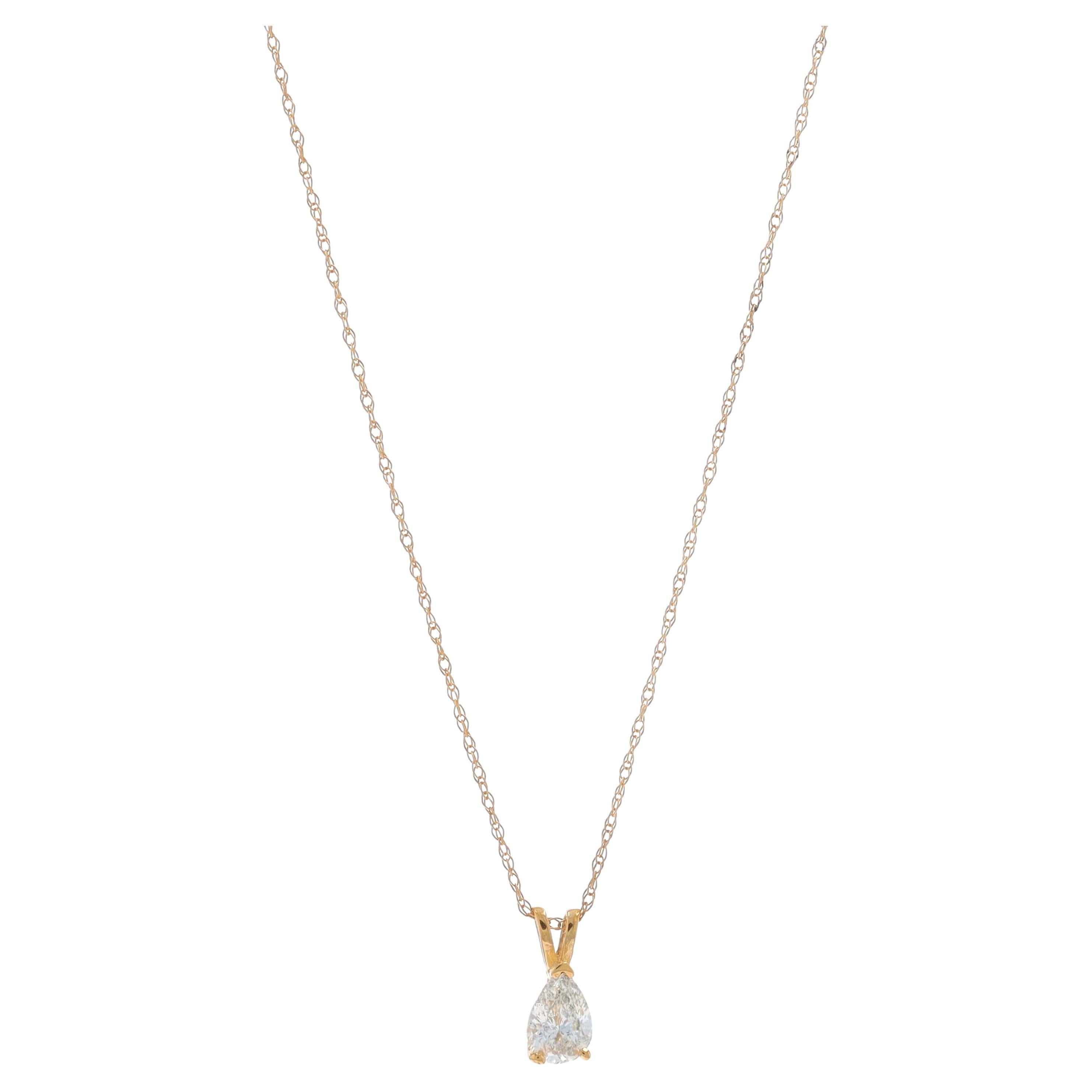 Yellow Gold Diamond Solitaire Pendant Necklace 18" - 14k Pear .60ct For Sale