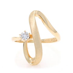 Yellow Gold Diamond Solitaire Ring - 14k Round .12ct Freeform Curve Brushed