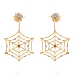 Yellow Gold Diamond Spider with Web Dangle Earrings - 14k Round Arachnid Pierced