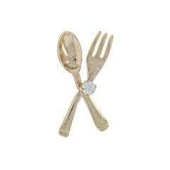 Yellow Gold Diamond Spoon & Fork Tie Tack - 14k Round .15ct Dining Utensils