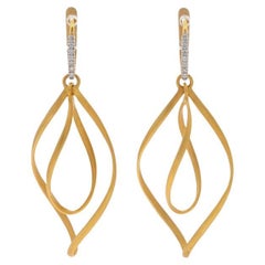 Yellow Gold Diamond Sprial Twist Dangle Earrings -14k Round .14ctw Matte Pierced