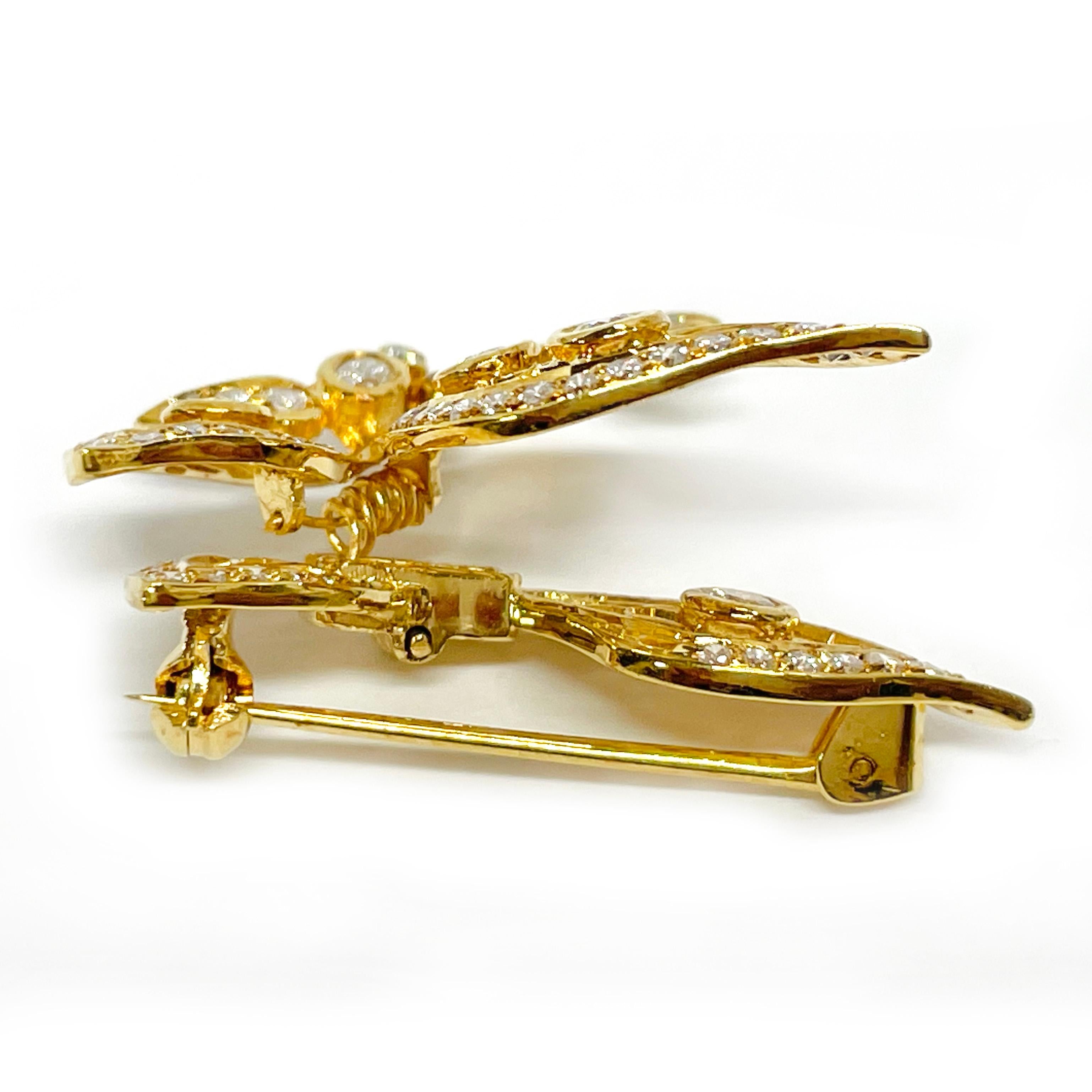 Contemporary Yellow Gold Diamond Spring Movement Butterfly Brooch For Sale