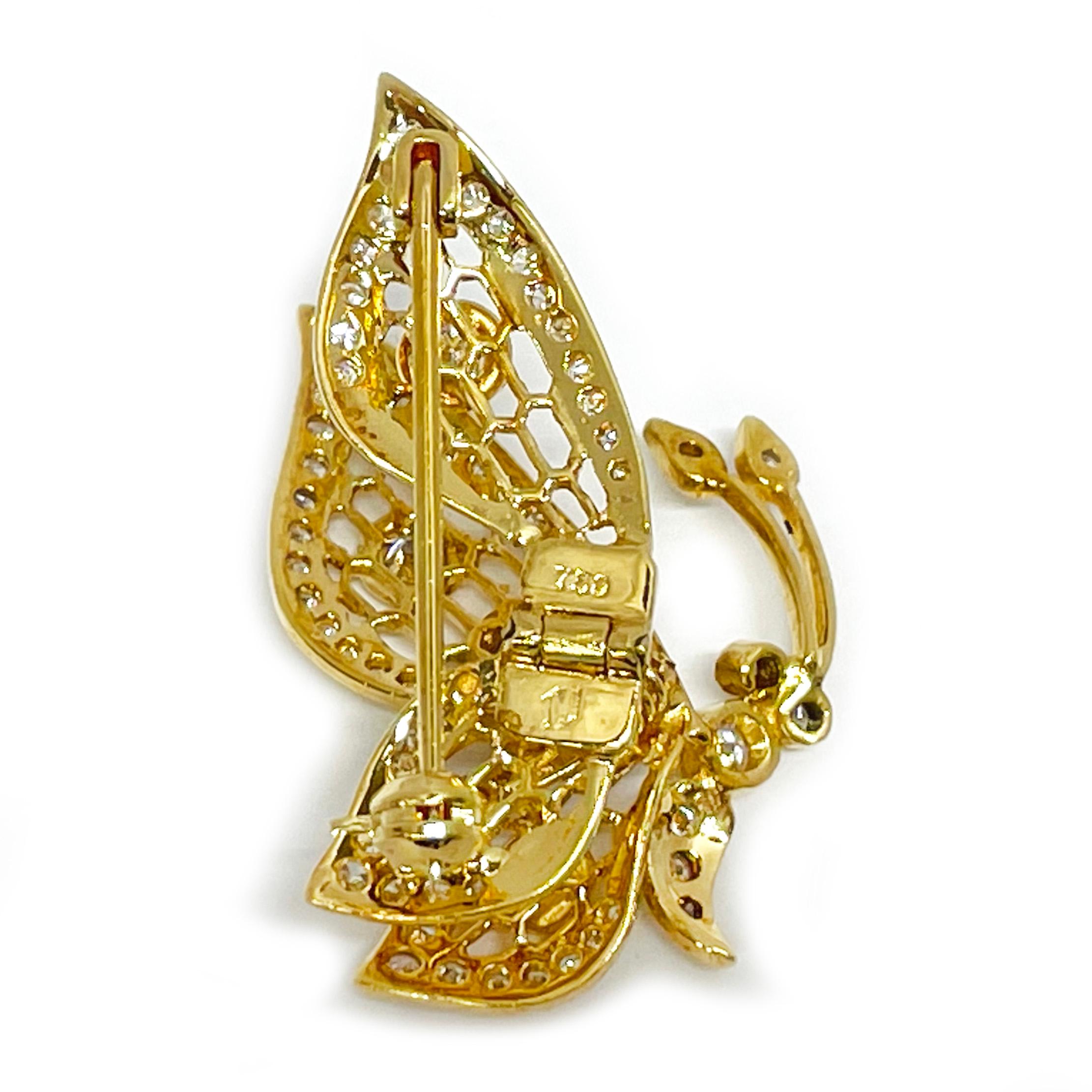 Round Cut Yellow Gold Diamond Spring Movement Butterfly Brooch For Sale