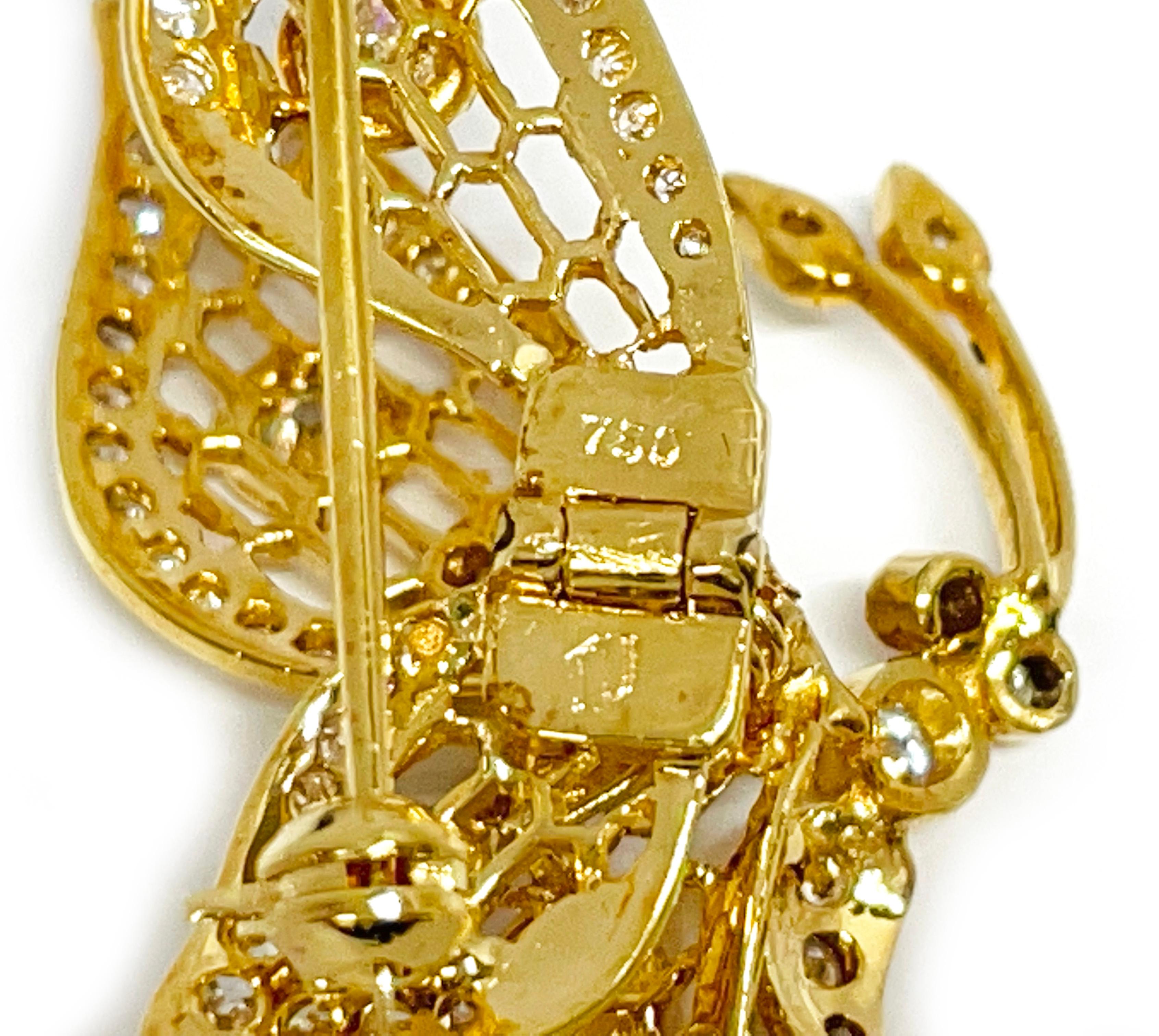 Yellow Gold Diamond Spring Movement Butterfly Brooch In Good Condition For Sale In Palm Desert, CA