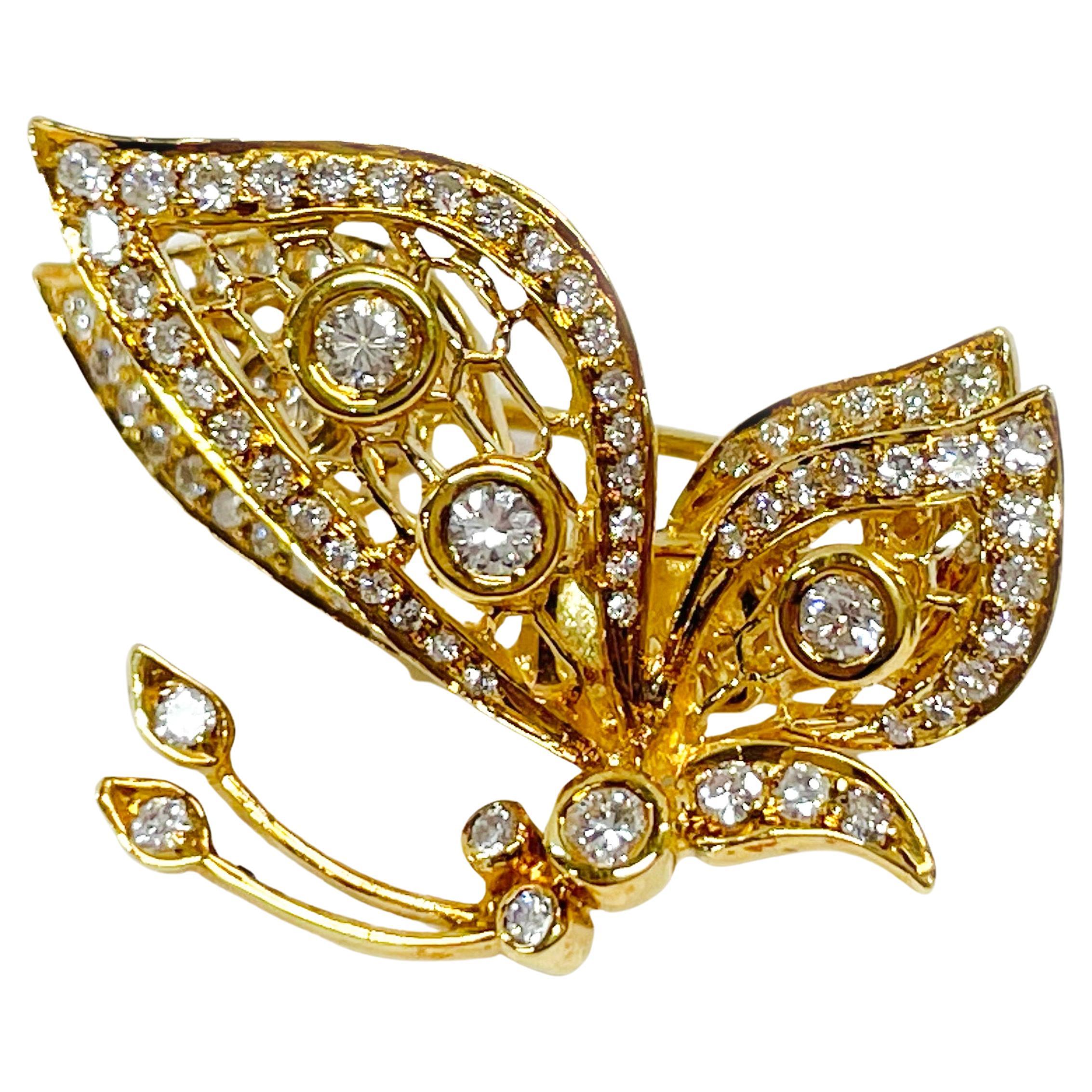 Yellow Gold Diamond Spring Movement Butterfly Brooch For Sale