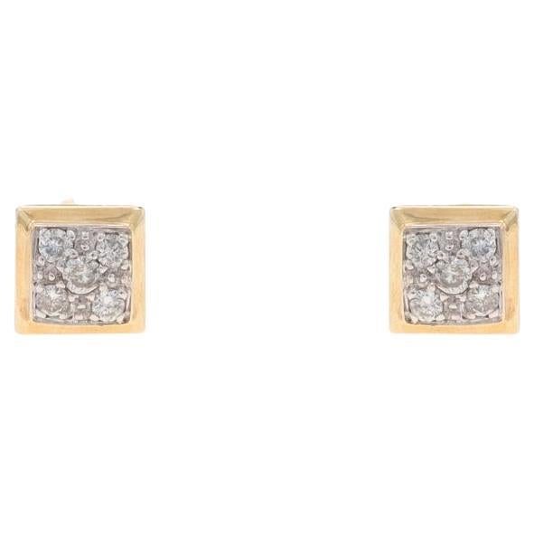 Yellow Gold Diamond Square Cluster Stud Earrings - 10k Round .28ctw Pierced For Sale