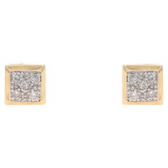 Yellow Gold Diamond Square Cluster Stud Earrings - 10k Round .28ctw Pierced