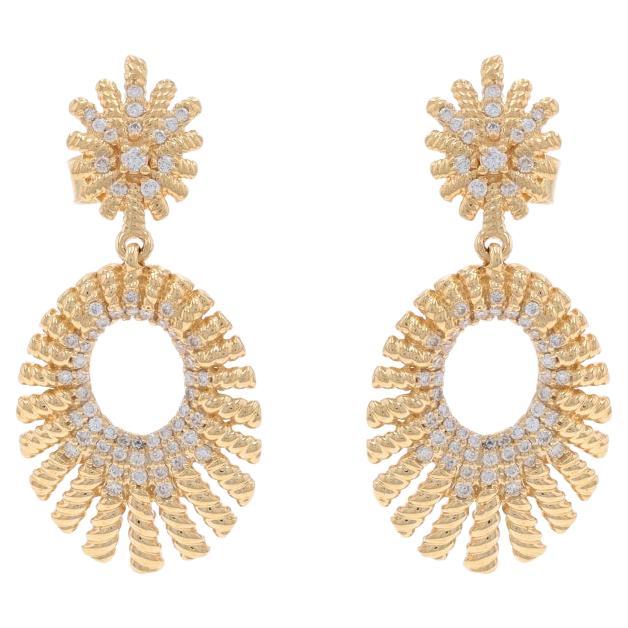 Yellow Gold Diamond Starburst Oval Dangle Earrings - 14k Round .46ctw Pierced