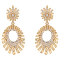 Yellow Gold Diamond Starburst Oval Dangle Earrings - 14k Round .46ctw Pierced
