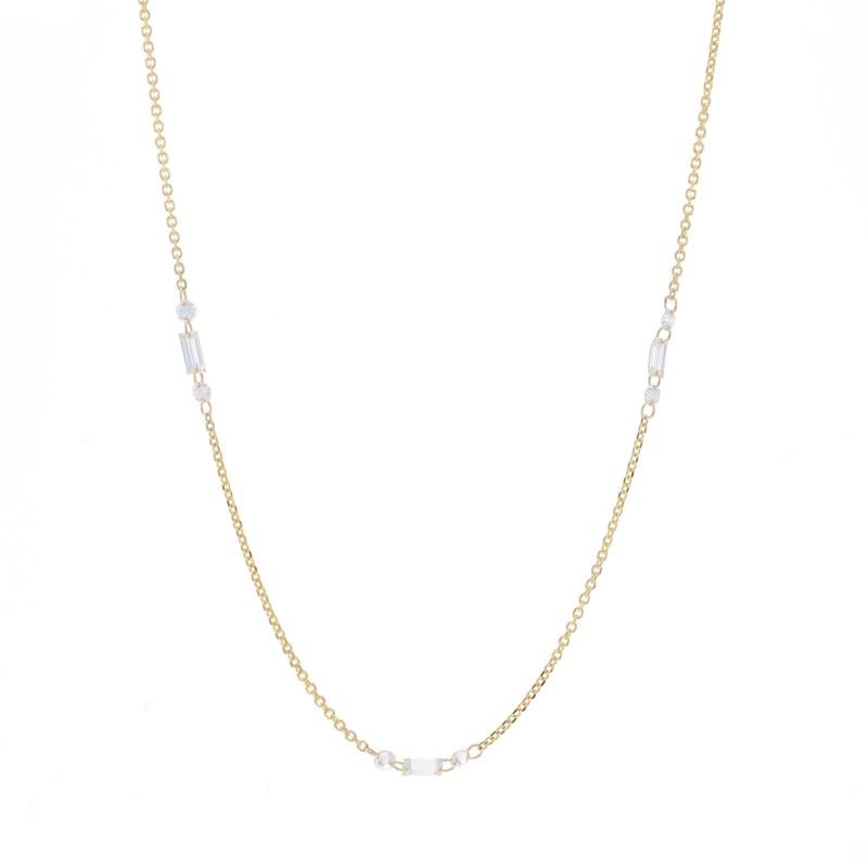Metallgehalt: 14k Gelbgold

Informationen zu Stein

Natürliche Diamanten
Karat(e): .66ctw
Schliff: Rund Brillant & Baguette
Farbe: G - H
Reinheit: VS1 - VS2

Karat gesamt: .66ctw

Stil: Station
Kette Stil: Kabel
Halskette Stil: Kette
Verschluss-Typ: