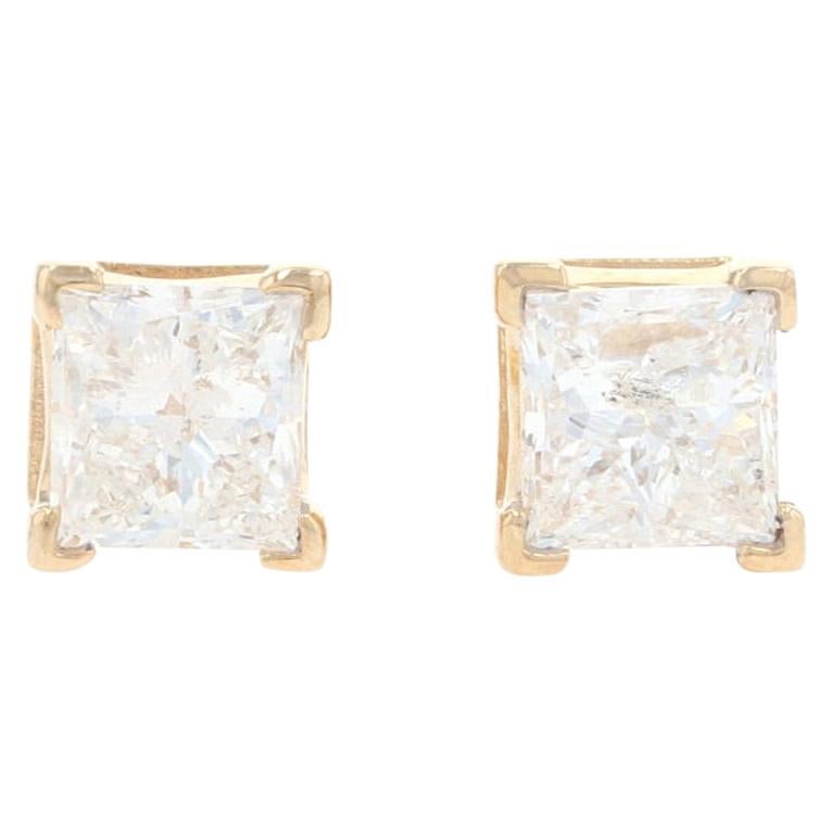 Yellow Gold Diamond Stud Earrings, 14 Karat Princess Cut 1.00 Carat Pierced