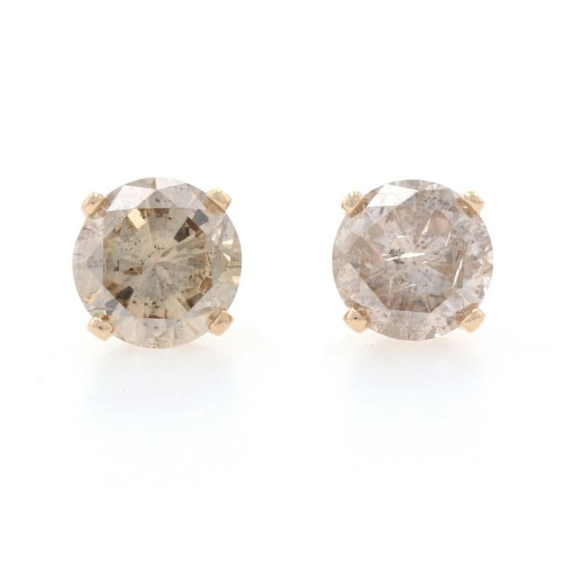 Metal Content: 14k Yellow Gold

Stone Information
Natural Diamonds
Total Carats: 1.10ctw
Cut: Round Brilliant
Color: Champagne Brown
Clarity: I1 - I2

Style: Stud 
Fastening Type: Pierced Screw-On Closures

Larger Earring Measurements
Tall: 7/32