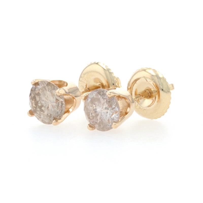 Round Cut Yellow Gold Diamond Stud Earrings - 14k Round 1.10ctw Champagne Brown Pierced For Sale