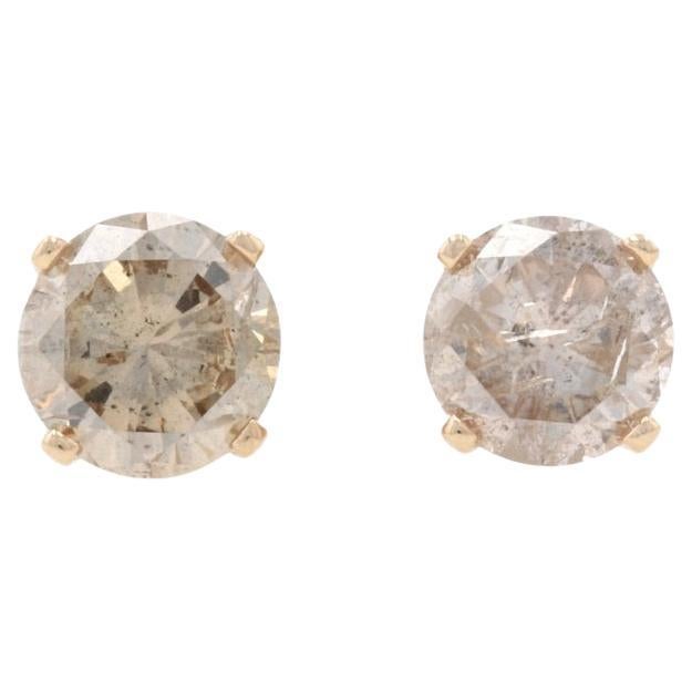 Yellow Gold Diamond Stud Earrings - 14k Round 1.10ctw Champagne Brown Pierced For Sale