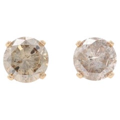 Yellow Gold Diamond Stud Earrings - 14k Round 1.10ctw Champagne Brown Pierced