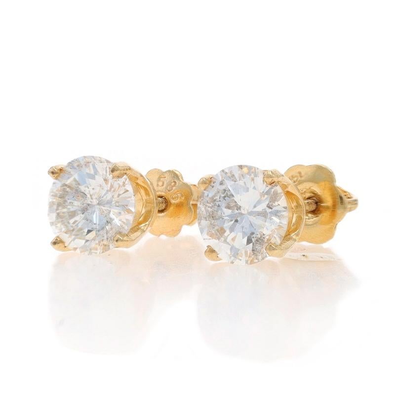 Round Cut Yellow Gold Diamond Stud Earrings -14k Round Brilliant 1.70ctw Pierced Screw-Ons