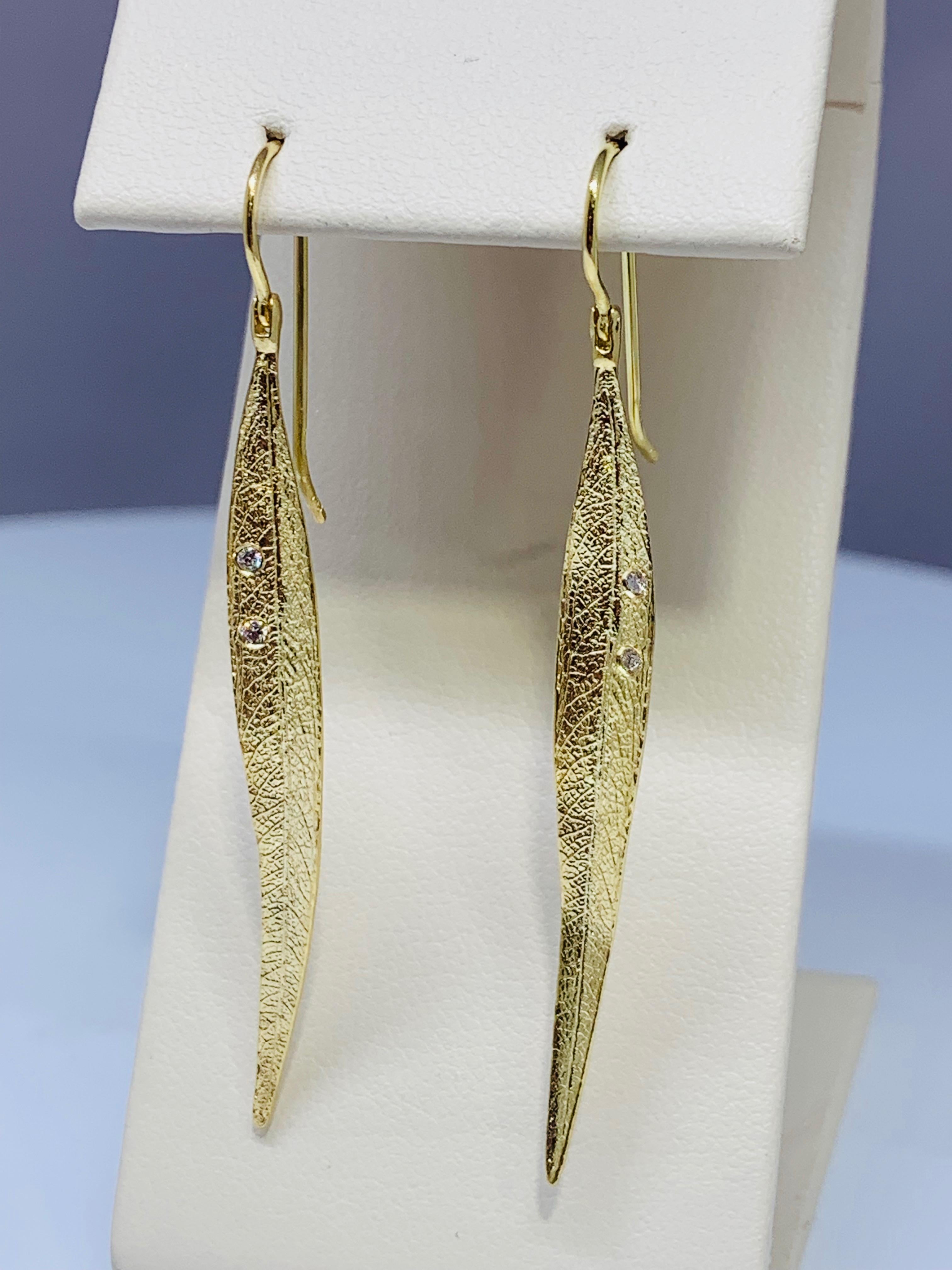 Contemporary Yellow Gold Diamond Studded Textured Leaf Drop Earrings For Sale