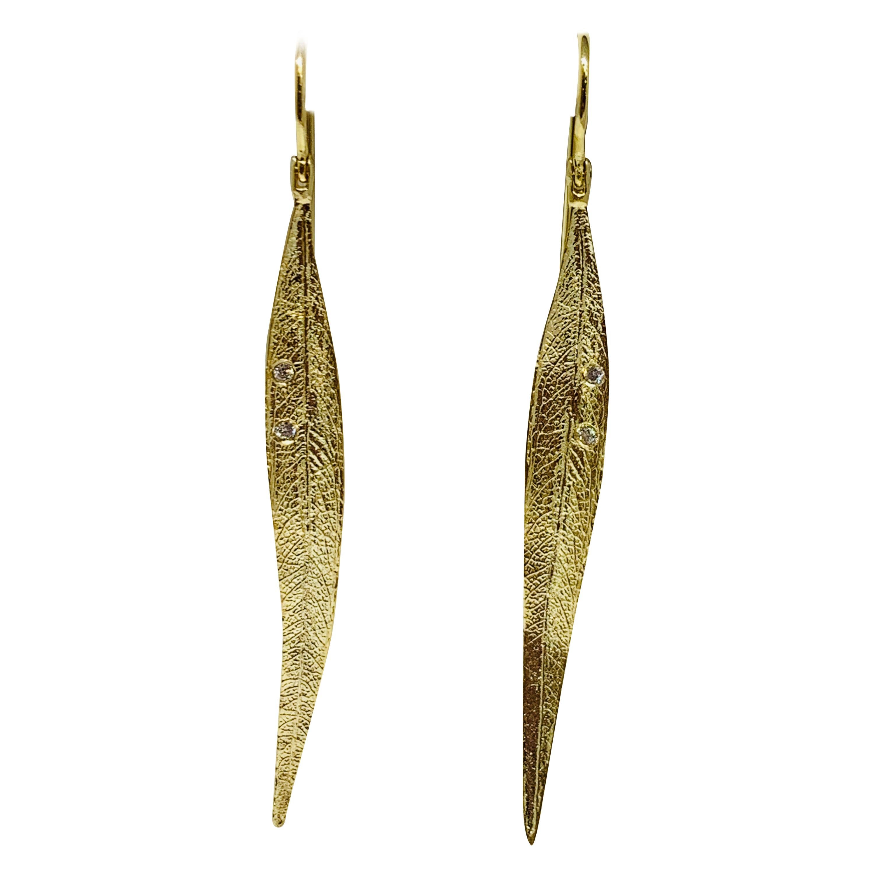 Yellow Gold Diamond Studded Textured Leaf Drop Earrings For Sale