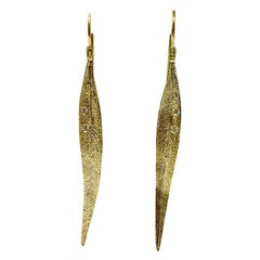 Yellow Gold Diamond Studded Textured Leaf Drop Earrings