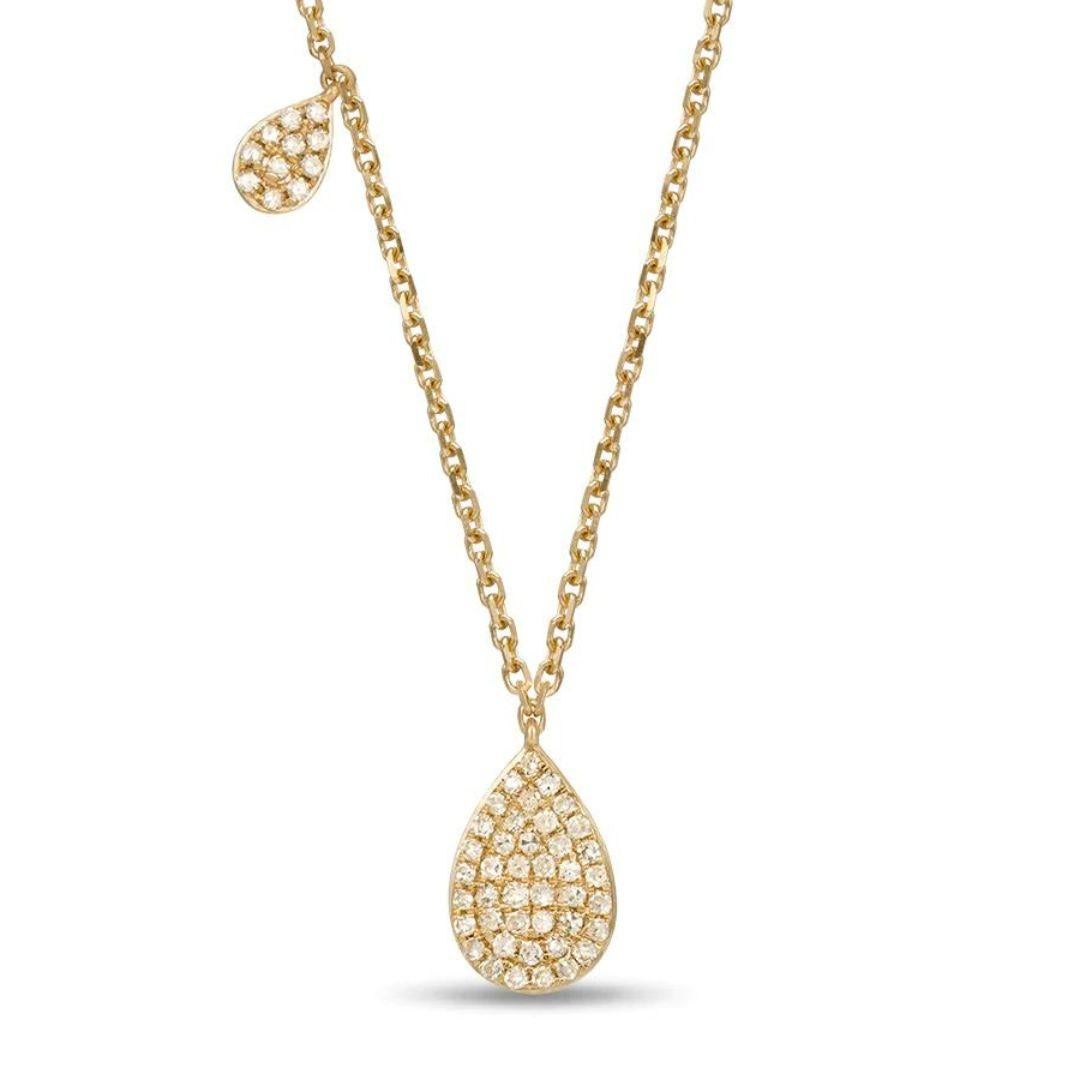 Classic teardrop pendant in 14k yellow gold. Perfect for casual wear and a night out. Pendant contains fifty three round white diamonds, H-I color, SI clarity, 0.14 ctw. Adjustable length 16-18 inches.