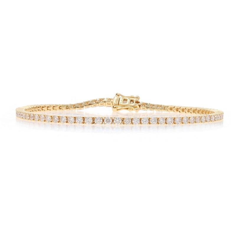 Metal Content: 14k Yellow Gold

Stone Information

Natural Diamonds
Carat(s): 2.44ctw
Cut: Round Brilliant
Color: G - H
Clarity: VS1 - VS2

Total Carats: 2.44ctw

Style: Tennis
Fastening Type: Tab Box Clasp with Two Side Safety