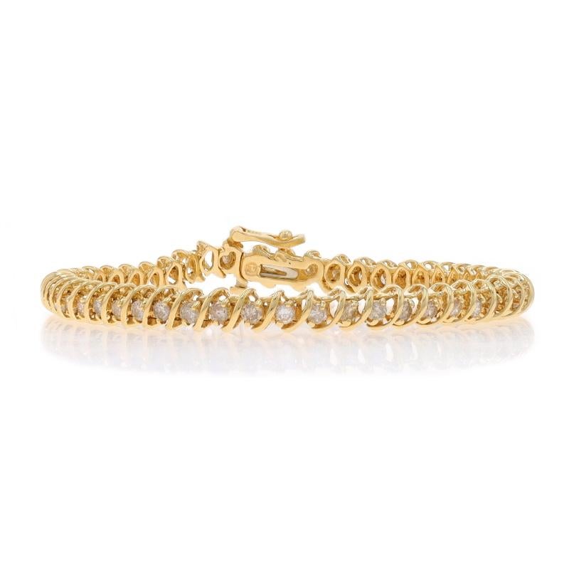 Metal Content: 14k Yellow Gold

Stone Information

Natural Diamonds
Carat(s): 3.00ctw
Cut: Round Brilliant
Color: H - I - J
Clarity: I1 - I2

Total Carats: 3.00ctw

Style: Tennis
Fastening Type: Tongue Box Clasp with One Side Safety