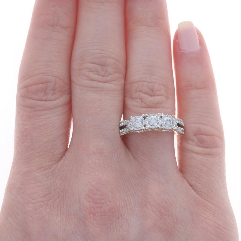 Round Cut Yellow Gold Diamond Three-Stone Engagement Ring - 10k Round Brilliant 1.00ctw For Sale