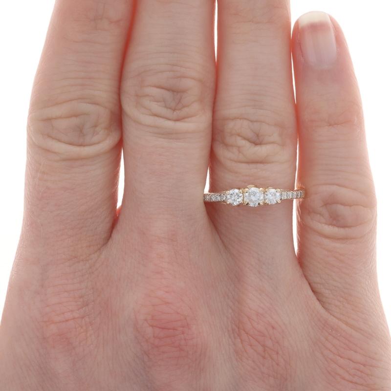 Round Cut Yellow Gold Diamond Three-Stone Engagement Ring - 14k Round Brilliant .50ctw For Sale