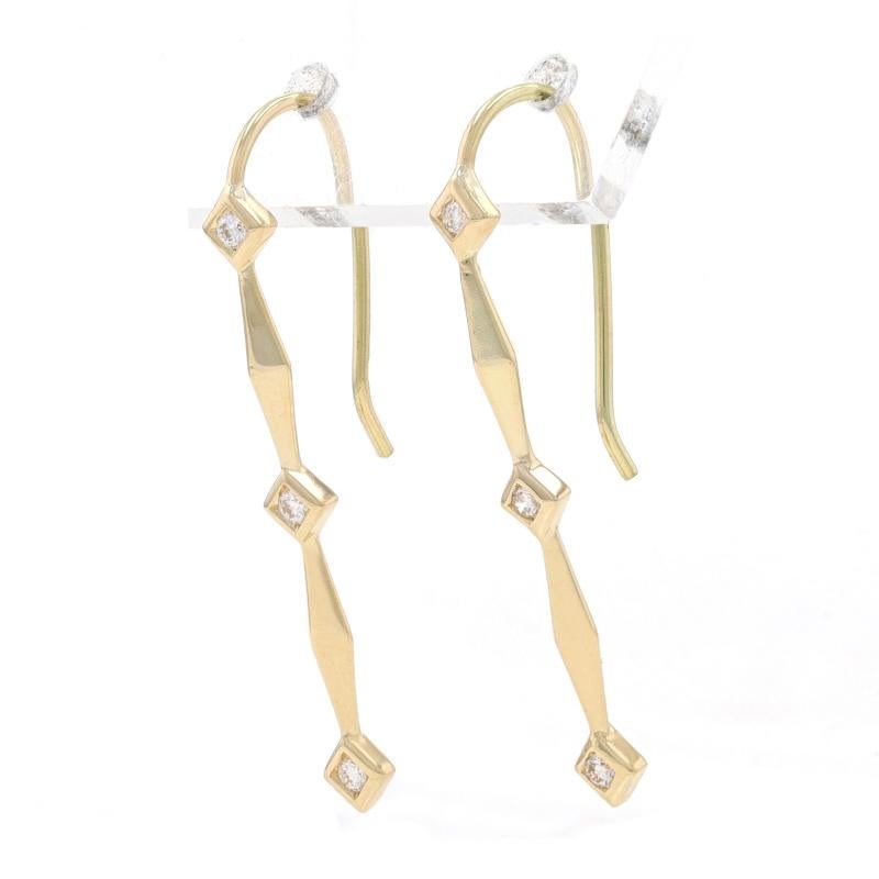 Metal Content: 18k Yellow Gold

Stone Information

Natural Diamonds
Carat(s): .09ctw
Cut: Round Brilliant
Color: F - G
Clarity: VS1 - VS2

Style: Three-Stone Journey Drop 
Fastening Type: Fishhook Closures

Measurements

Tall: 1 1/4